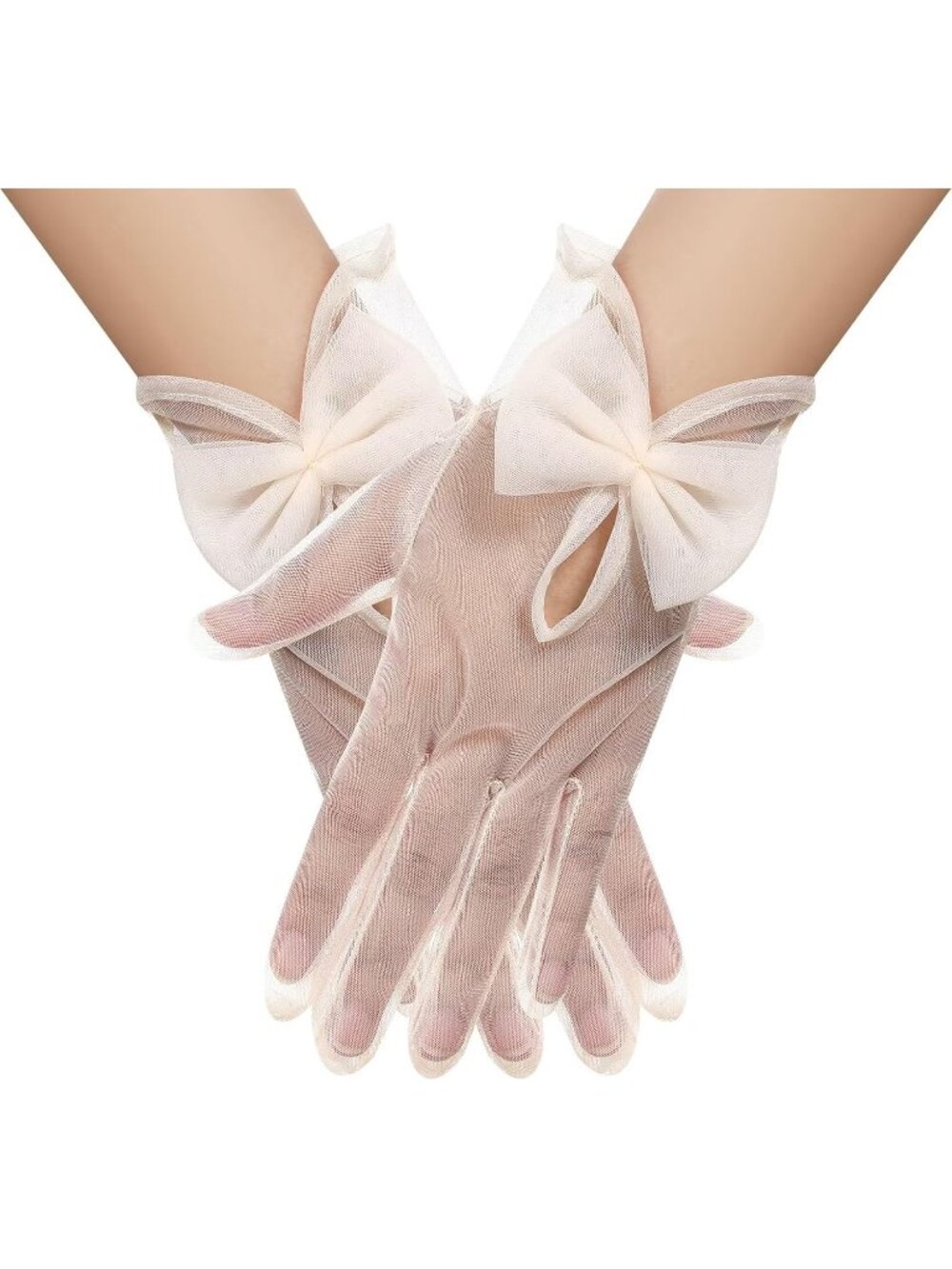 Women's Champagne Lace 1920s Opera Tulle Wrist Length Short Sheer Mesh Gloves